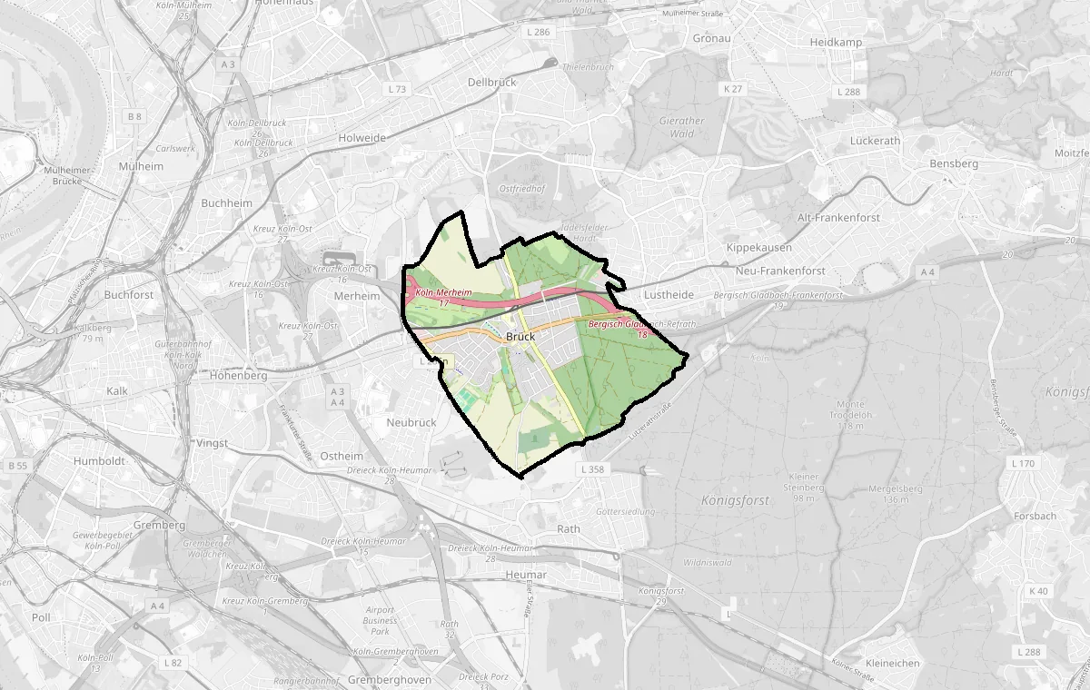 Karte: Grenze des Stadtteils Brück – Immobilienmakler Köln Brück