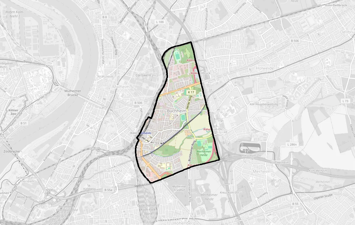 Karte: Grenze des Stadtteils Buchheim – Immobilienmakler Köln Buchheim