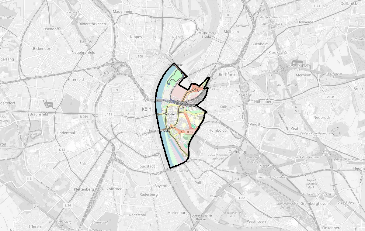 Karte: Grenze des Stadtteils Deutz – Immobilienmakler Köln Deutz