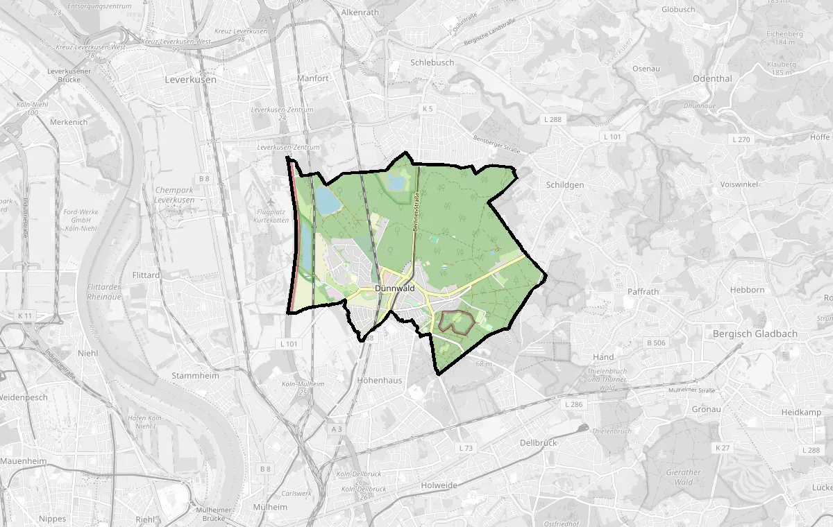 Karte: Grenze des Stadtteils Dünnwald – Immobilienmakler Köln Dünnwald