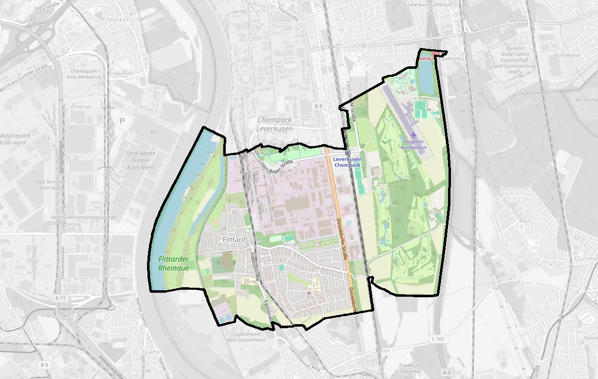 Karte: Grenze des Stadtteils Flittard – Immobilienmakler Köln Flittard