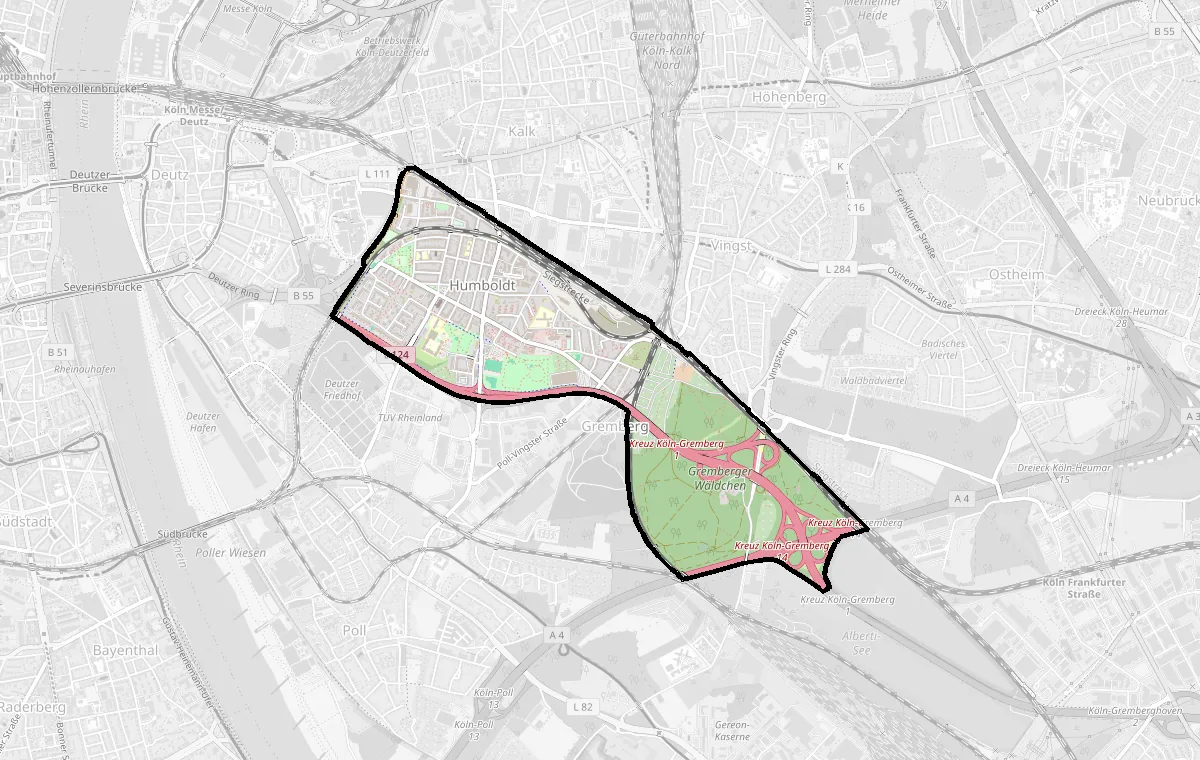 Karte: Grenze des Stadtteils Humboldt/Gremberg – Immobilienmakler Köln Humboldt/Gremberg