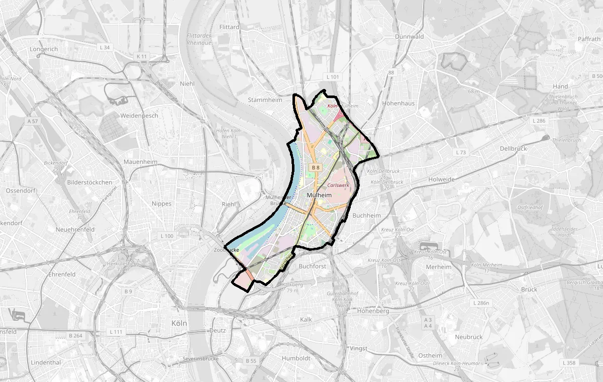 Karte: Grenze des Stadtteils Mülheim – Immobilienmakler Köln Mülheim