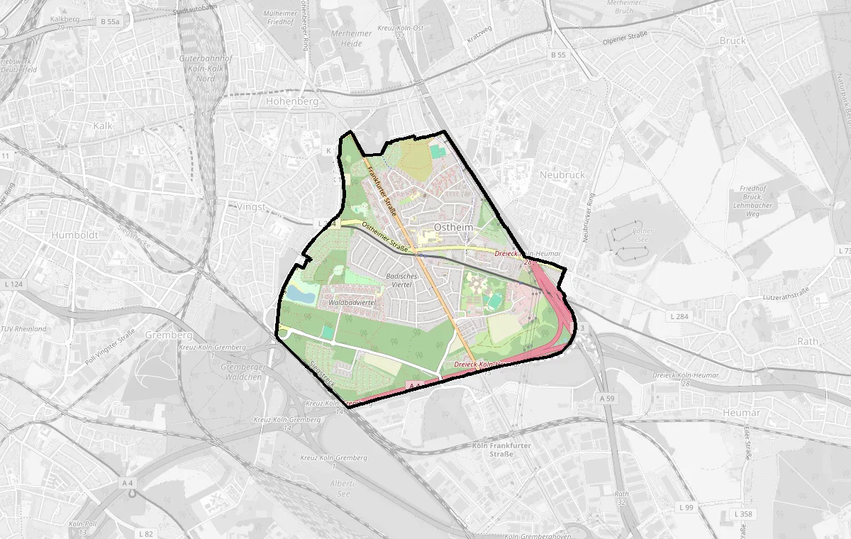 Karte: Grenze des Stadtteils Ostheim – Immobilienmakler Köln Ostheim