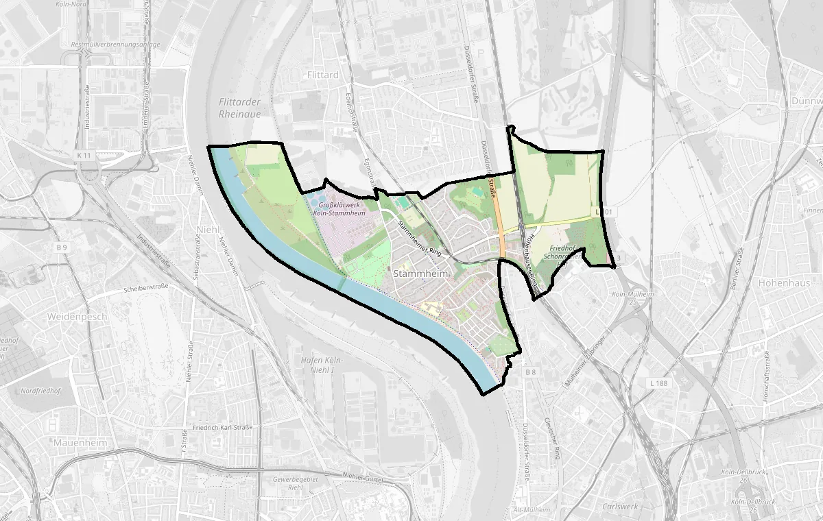 Karte: Grenze des Stadtteils Stammheim – Immobilienmakler Köln Stammheim